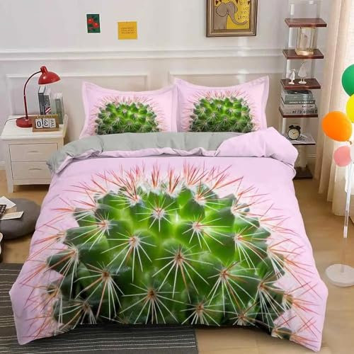 LUYAPOND Sommer Bettwäsche 155x220 Rosa Kaktus Bettbezug 155x220 Set, Weich Atmungsaktive Mikrofaser Bettwäsche-Sets, 1 Bettbezüge mit Reißverschluss + 2 Kissenbezug 80x80 cm