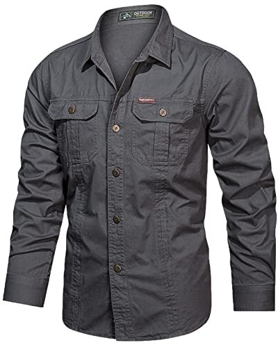 Camicie da lavoro semplici in cotone tinta unita da uomo - Camicie a maniche lunghe con bottoni, camicie da esterno, giacca a due tasche, camicie tattiche militari in tinta unita, top regular fit,