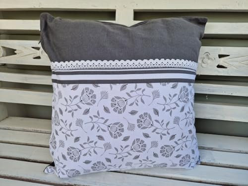 Arinosa Dekokissen Landhaus Grau Weiß mit Spitze 45x45cm gefüllt