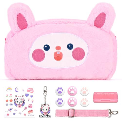 Switch Tasche für NS Switch, innoAura 11 in 1 Switch Zubehör Bundle mit Switch Hülle, Switch Spielespeicherhülle, Switch Daumenkappen, Abnehmbarer Schultergurt, Niedlicher Anhänger (Pinkes Kaninchen)