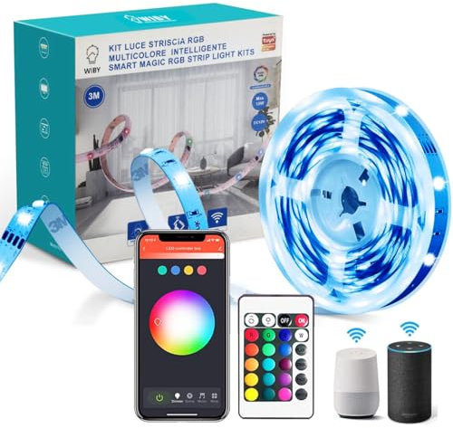 Wiby Striscia LED Smart Wi-Fi 3m, Controllo Vocale Compatibile con Alexa e Google Assistant, Sync-to-Music, Luci LED per Casa, Bar, Festa, Accorciabile e Controllo,3M