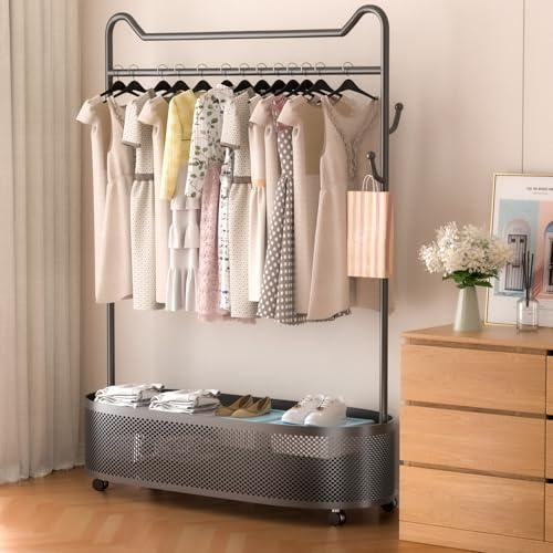 ihomemore noir portant a vetement Porte-vêtements en métal - Avec étagère de rangement pour suspendre les vêtements Manteaux Jupes Chemises pulls Noir Profond