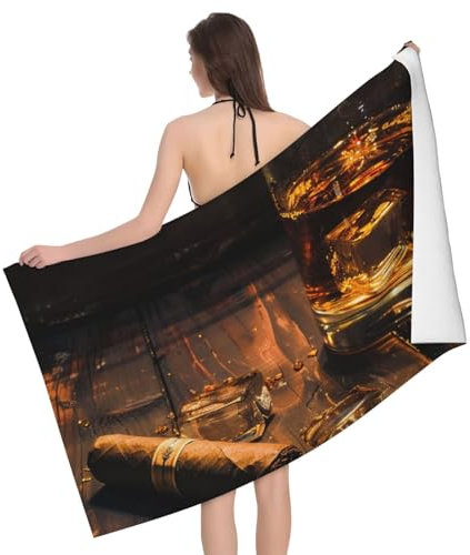JKSEEPYN Bedrucktes Mikrofaser-Badetuch mit Zigarre und Whiskey, 130 x 80 cm, saugfähige Strandtücher für Badezimmer, Strand, Pool, Fitnessstudio, Spa