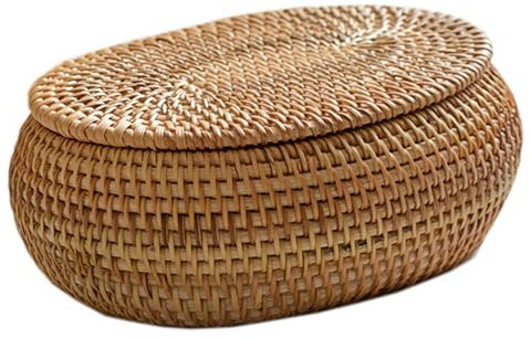 Canasta de ratán con tapa, caja de ratán con tapa, cesta, ovalada a mano con, caja decorativa de escritorio para la cocina de la granja de casas