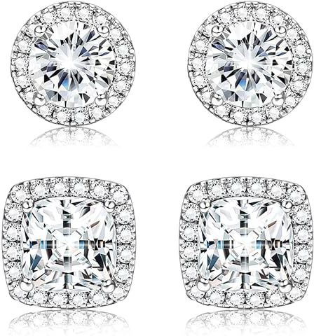 2 Paar Ohrringe Silber 925,Runde Quadratische Silberne Cubic Zirkonia Ohrstecker Set,Hypoallergene CZ Flatback Ohrringe Stecker Ohrschmuck Silberschmuck für Frauen Herren Mädchen