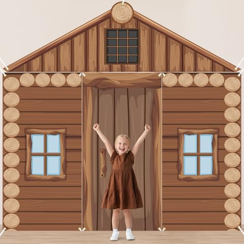4pcs Rustic Log Cabin Porch Door Banner, Camping Party Decorations Countryside Forest Theme Haing Photos Booth Backdrop Sign for Summer Wedding Birthday Farmhouse Home Classroom Indoor Outdoor Decor