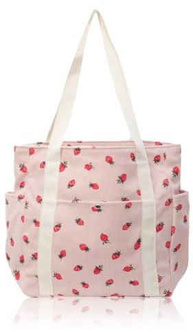 FENGQQKJ Tasche Damen Groß Cordtaschen Shopper mit Reißverschluss Kordsamt Handtasche Cord Erdbeer Druck Seitentasche Große Beuteltasche Schultertaschen Rosa Damentaschen Tote Bag Einkaufstasche