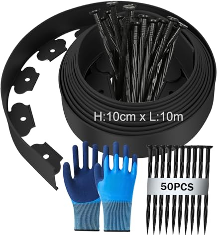BOUFEIDA Bordure de Pelouse Flexible en Plastique Noir, 10 m (L) x 10 cm (H) - Bordure Jardin Extérieur avec Clous de Fixation x 50 cm + Gants