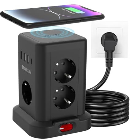 7 Fach Steckdosenturm mit Wireless Charger | Überspannungsschutz, Schalter |10A 2300W | Steckdosenleiste (7 Schuko + 4 USB) | Mehrfachsteckdose mit Verlängerungskabel 2m | für Büro, Schwarz