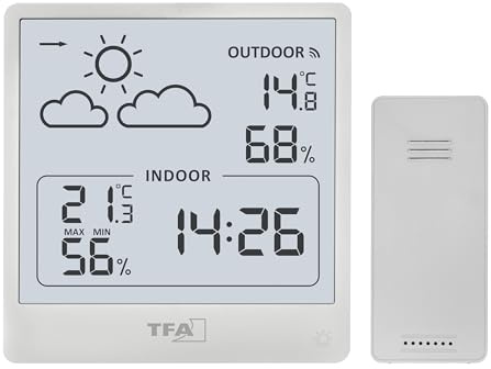 TFA Dostmann Cleo Funk Wetterstation innen und außen, 35.1176.02, mit Außensensor, Temperatur und Luftfeuchtigkeit, Wettervorhersage mit Luftdruck und Symbolen, digital, große Anzeige, weiß