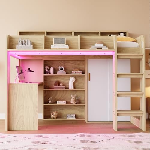 Merax Hochbett 90x200 cm mit Schreibtisch, Kleiderschrank und Stauraum, Hochbett aus Holz mit LED-Beleuchtung und Steckdosen, Lattenrost inklusive, Holzfarbe (ohne Matratze)