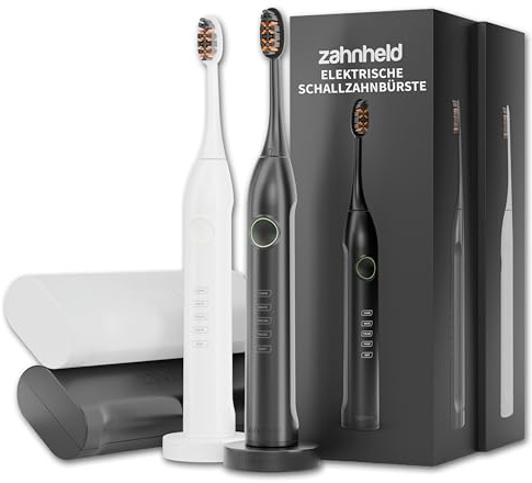 Zahnheld Gero G3 Schallzahnbürste Doppelpack, inkl. Bürstenköpfe, Schwarz | Elektrische Zahnbürste zur Zahnreinigung & Zahnpflege, lange Akkulaufzeit, 5 Putzmodi, Andrucksensor & Timer