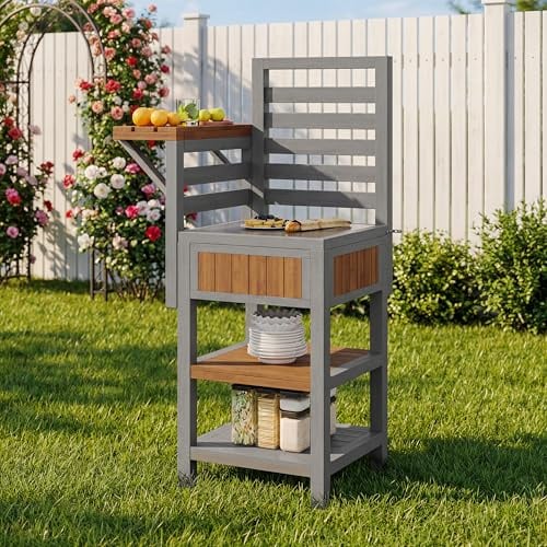 feynoss Massivholz Gartenschrank wetterfest mit Edelstahl-Arbeitsplatte und Doppelablage, Outdoor Aufbewahrungsschrank für Terrasse, Balkon und Garten, 74x54x149 cm