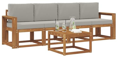 vidaXL Outdoor-Sofagarnitur mit Kissen 5 pcs Natürlich und Hellgrau, Garten-Sektionalsitz, Moderne Außenmöbel, langlebige Lounge, entspannte Terrasse für alle