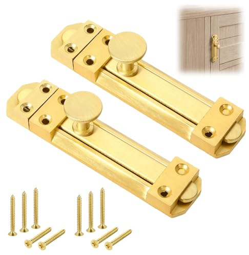 2 Pcs Brass Door Bolt Lock, Sliding Door Locks,External Door Lock,Surface Mounted Internal Sliding Bolt Lock for Bedroom, Bathroom, Cabinets, Cupboards & Other Wooden Doors,4.65-Inch Size