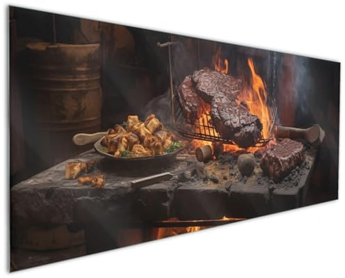 Wallario Küchenrückwand aus Glas 125 x 50 cm, Motiv: Urige Grillkunst: Steakschmiede | Spritzschutz abwischbar & pflegeleicht