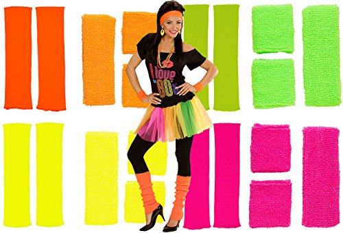 Karneval-Fasching-Shop 80er Neon Schweißband Stirnband Stulpen Set 4 Farben (pink)