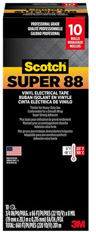 3 M Scotch Cinta Aislante De Vinilo de Super 88, -18 a 105 Grados C, 10000 MV Rigidez dieléctrica, 66 Longitud x 3/4 de ancho, (10 unidades), color negro