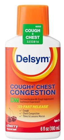 Delsym Max Strength Cough + Chest Congestion DM Liquid, Cold Medicine for Adults Relieves Cough & Chest Congestion, Expectorant Thins & Loosens Mucus, Cherry Flavor, 6 Fl Oz