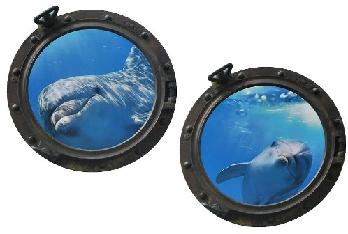 alles-meine.de GmbH 2 TLG. XL Set: Wandtattoo/Sticker - Bullauge - Fenster im Schiff Delfin Delphin Fisch - Wandsticker Aufkleber Flugzeug Wandaufkleber Badezimmer Fische