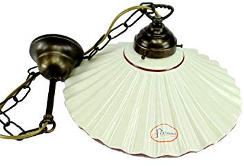 Lampadario ottone brunito stelo catenella una luce stile liberty con piatto ceramica bordato marrone l1012 Misure:H 74cm,Ø piatto 29cm.Le misure sono con piatto.Portalampade attacco Edison E 27
