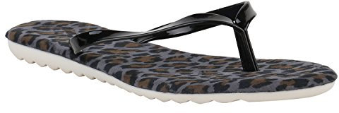 Damen Zehentrenner Beach Schuhe Lack Flats Sandalen 155746 Schwarz Leopard 37 Flandell