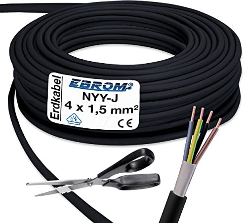 EBROM Cavo di terra NYY-J 4 x 1,5 mm² – Cavo di corrente ad alta tensione – Tubo di terra in PVC – nero – al metro preciso – Selezione in incrementi di 1 metro – Molte lunghezze – NYY-J 4 x 1,5 mm2 –