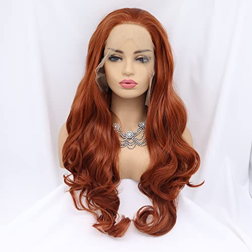 Xiweiya Wigs 13x3 Lace Long Boay Wave Copper Red Lace Front Wig Free Part Long Ginger Red Wig with Heat Resistant Fiber for Women Drag Queen Cosplay Party 24