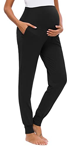 Love2Mi Freizeithose für Schwangere, Umstandsleggings Schwangerschaft Hosen Bequeme Stretch Jogginghose, Schwarz, M