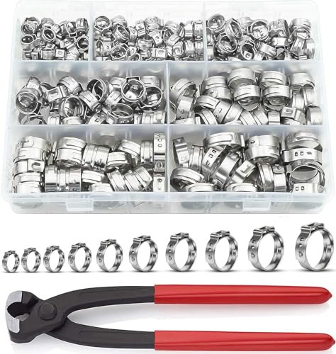 139 Stück 11 Größen Einohr-Schlauchschellen mit Zange, 304 Edelstahl, 6–33,1 mm, stufenlose Cinch-Ringe, Crimp-Sortiment-Set mit Ohrklemmenzange, PEX-Cinch-Klemmen, Quetschschellen für Rohrschlauch