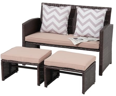 OC Orange-Casual Outdoor Loveseat, 3-TLG Terrassenmöbel-Set, Allwetter Rattan Gartenbank mit 2 Hocker, Braun Rattan&Beige Kissen