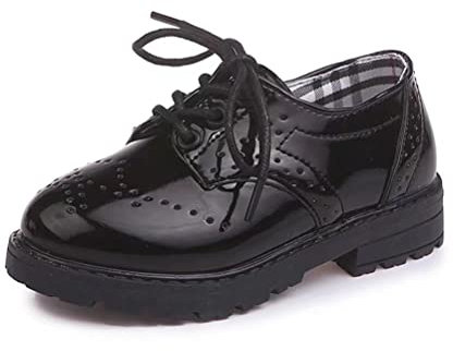 Scarpe Stringate Basse per Bambini e Ragazzi Oxford Brogue Vernice Scarpe Eleganti Bambina Impermeabili Leggere Festa Uniforme Formali Nero 25