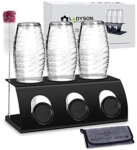 LADYSON Flaschenhalter für SodaStream Crystal - 3er Abtropfhalter ständer,für Soda Stream und Emil Flaschen,aus Edelstahl mit Abtropfwanne und flaschenbürste & Mikrofasertuch,schwarz