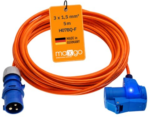 maxgo Camping Adapter CEE mit Schuko Steckdose – 5 m H07BQ-F PUR Kabel | 3x1,5 mm², IP44 Winkelkupplung für Wohnmobil, Wohnwagen, Caravan, Festival und Zeltplatz