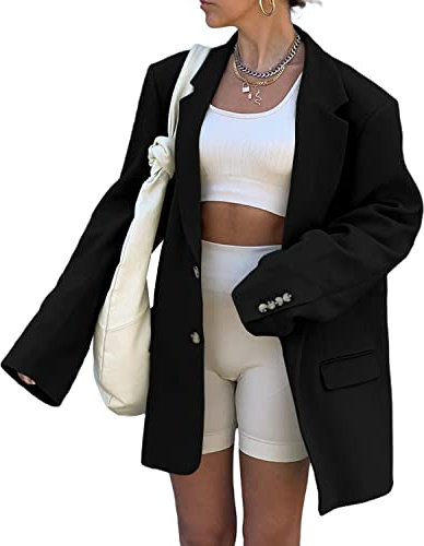 Grlasen Women Casual Elegant Long Sleeve Oversized Lapel Blazers Open Front Solid Work Office Jacket Blazer (XX-Large, Black)