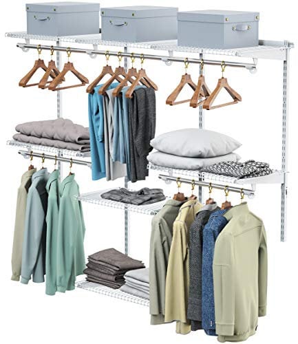 CASART Closet Organiser System, Wall-Mounted Hanging Garment Rack Clothes Storage Rail, Adjustable Wall Clothing Hanger Wardrobe Organizer for Bedroom Living Room (4 Hanging Rods + 6 Shelves, White)