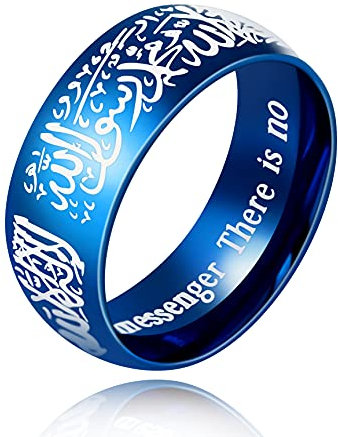 Uloveido 8mm Schwarzer Blauer Goldener Edelstahl Islamischer Muslimischer Muhammad Shahada Arabischer Gott Allah Botschafter Ring für Männer Jungen. (Blau, 16.5)