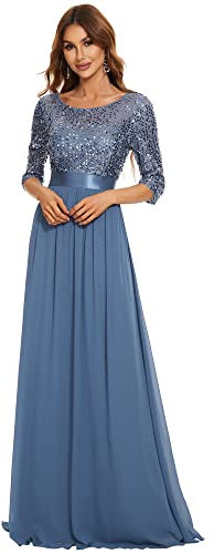 Ever-Pretty Women's Elegant 3/4 Sleeves Sequin Empire Waist A Line Chiffon Evening Party Dresses Denim Blue 20UK