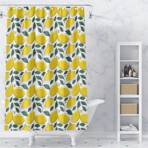 Hiseng Rideau Douche Imprimé de Fruits, Polyester Rideau de Douche Tissu Imperméable Lavable Ourlet Lesté Rideau Baignoire Salle de Bain Shower Curtain avec 12 Crochets (Citron,90x180cm)