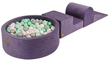 MEOWBABY Spielplatz aus Schaumstoff mit Bällebad 240x45cm - Schaumspielset mit 200 Bälle für Kinder, Velvet, Grau-Blau: Weiß/Grau/Mint