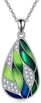 POPLYKE 925 Sterling Silber Grün Bambus Blatt Halskette Emaille Schmuck für Damen Grüne Träne Pandent Geburtstag