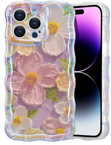EYZUTAK für iPhone 12 Pro Hülle, Bunte Vintage Ölgemälde Blumen, Rosa | Glitzer Flower Muster Handyhülle, Niedliche Lockiges Wellenförmiger Rand, Langlebige TPU Schutzhülle, Für Mädchen Frauen