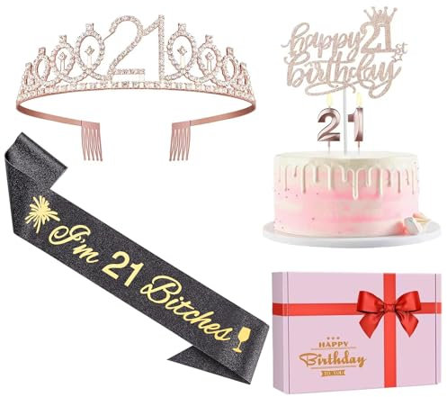 Glitter Black 21st Birthday Sash, Rhinestone Rose Gold Tiara, Cake Topper and Candles, 21st Birthday Decorations for Her