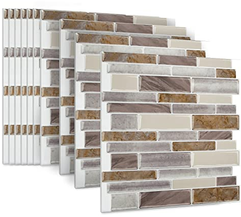 JOIEYOU Fliesenaufkleber, 10 Stück Klebefliesen aus PVC, Peel and Stick Tiles Wandfliesen Selbstklebend 30x30 cm für Küchen Bad - Braun Marmor