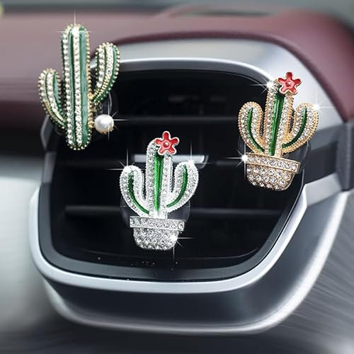 3 Pcs Bling Kaktus Air Vent Parfüm Clips, Strass Künstliche Pflanze Sukkulenten Auto Lufterfrischer Aromatherapie Clips, Auto Innendekoration Zubehör, Geschenk für Männer Frauen