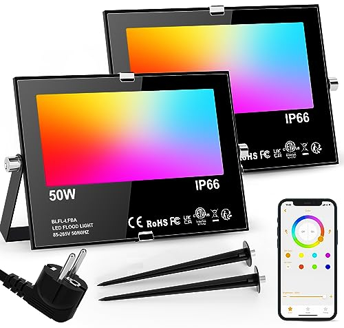 LED Strahler Außen RGB 50W Flutlicht Dimmbar Bunt & Kaltweiß, Smart Bluetooth APP Steuerung Flutlichtstrahler, IP66 Wasserdicht Aussenstrahler, Fluter für Aussen Innen Garten Hinterhof, Garage-2 Stk