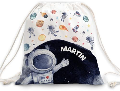 Transparent Gift Mochila Infantil Personalizada con Nombre y diseño de Astronauta Espacio para Niños y Niñas. Mochila de Cuerdas Guardería. Bolsa de Tela Colegio y Excursión. Mochilas Vuelta al Cole