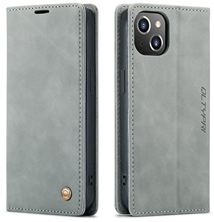 QLTYPRI Case for iPhone 15 6.1 inch, Vintage PU Leather Wallet Case Card Slot Kickstand Magnetic Closure Shockproof Flip Folio Book Case Cover for iPhone 15 - Grey