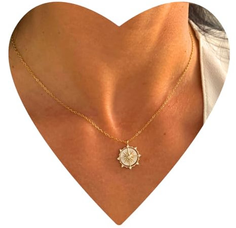 NataschaWoge® EDELSTAHL Gold Perlmutt Kreuz Stern Kette Halskette + Anhänger Geschenk für Sie Damenschmuck Kompass Schmuck Goldkette