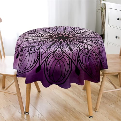 Highdi Rund Tischdecke Abwaschbar Retro Mandala Druck Tischdecken Wasserdicht Antifouling Pflegeleicht Lotuseffekt Tischtuch für Home Küche Dekoration Garten (Durchmesser 90cm,Lila Galaxie)